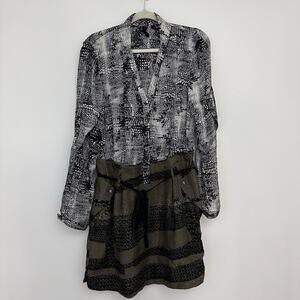 Edun Womens L 100% Silk Mixed Print Long Sleeve y2k Semi Sheer Dress Goth Edgy